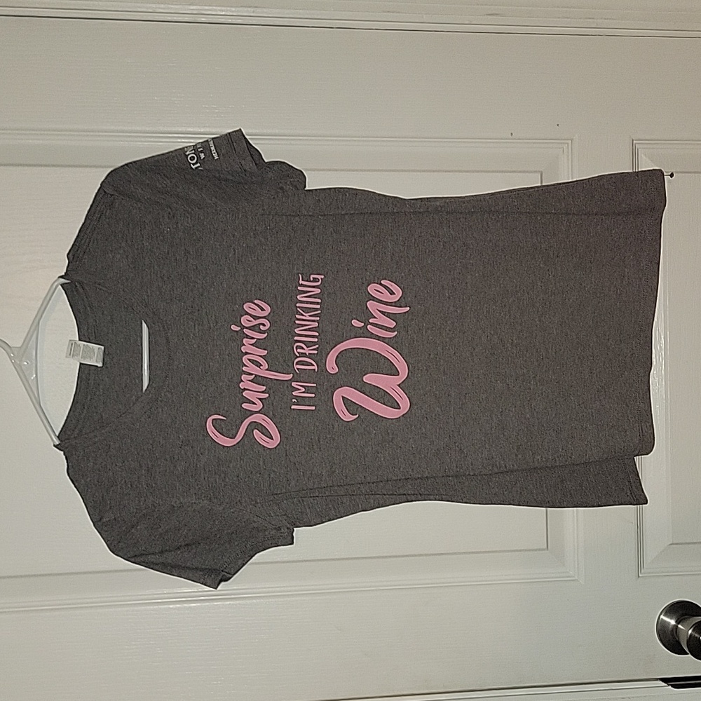 Surprise I'm Drinking Wine Woman's Small Short Sleeve Gray Tee Shirt
